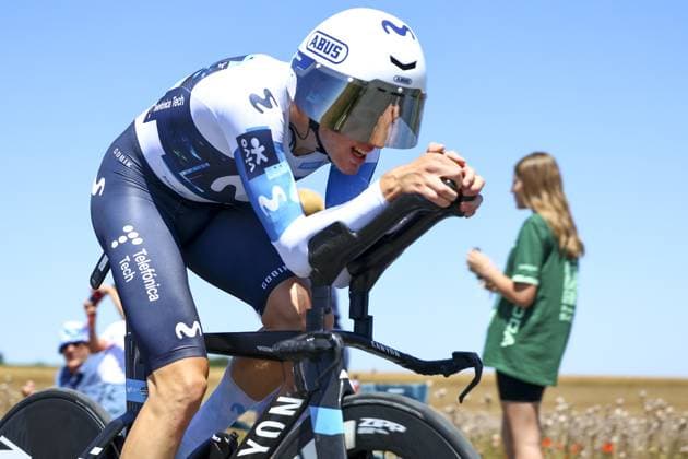 Spanish Pablo Castrillo of Movistar Team pictured in action during stage five of the 2025 Tour de France cycling, a 33km time trial in Caen, France on Wednesday 09 July 2025. The 112th edition of the Tour de France starts on Saturday 5 July in Lille, France, and will finish in Paris, France on the 27th of July. DAVIDxPINTENS  x128757865x