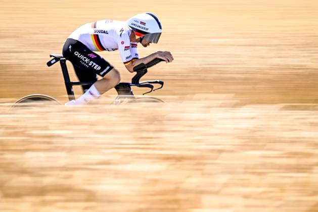 German Maximilian Max Schachmann of Soudal Quick-Step pictured in action during stage five of the 2025 Tour de France cycling, a 33km time trial in Caen, France on Wednesday 09 July 2025. The 112th edition of the Tour de France starts on Saturday 5 July in Lille, France, and will finish in Paris, France on the 27th of July. JASPERxJACOBS  x128759672x