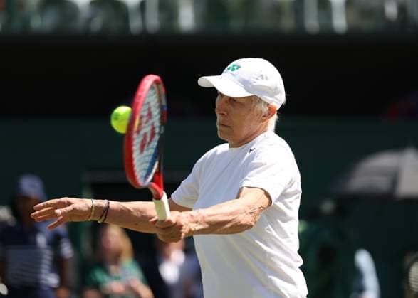 9th July 2025; All England Lawn Tennis and Croquet Club, London, England; Wimbledon Tennis Tournament, Day 10; Martina Navratilova (USA) with a forehand shot to Anne Keothavong (GBR) in her mixed doubles match  ActionPlus12811560 JohnxPatrickxFletcher
