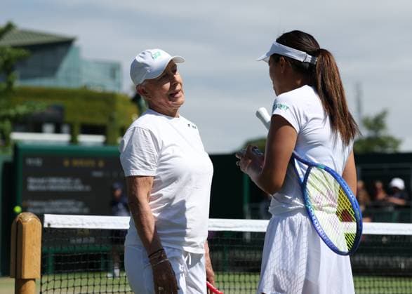 9th July 2025; All England Lawn Tennis and Croquet Club, London, England; Wimbledon Tennis Tournament, Day 10; Martina Navratilova (USA) talking to Anne Keothavong (GBR) in her mixed doubles match)  ActionPlus12811564 JohnxPatrickxFletcher