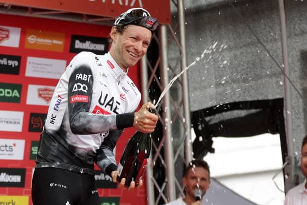 CYCLING - Tour of Austria 2025 STEYR,AUSTRIA,09.JUL.25 - CYCLING - Tour of Austria, stage 1, Steyr - Steyr. Image shows the rejoicing of Felix Grossschartner (AUT UAE TEAM EMIRATES XRG).  GEPAxpictures xWalterxLuger