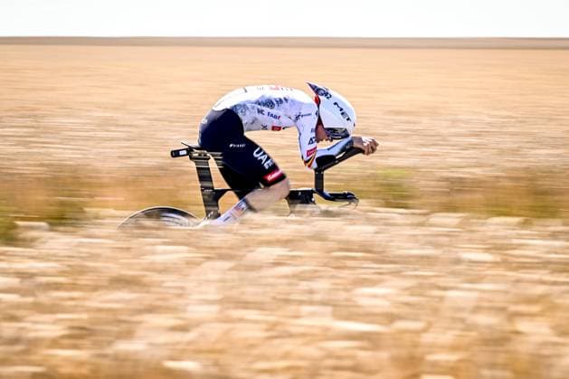 Belgian Tim Wellens of UAE Team Emirates pictured in action during stage five of the 2025 Tour de France cycling, a 33km time trial in Caen, France on Wednesday 09 July 2025. The 112th edition of the Tour de France starts on Saturday 5 July in Lille, France, and will finish in Paris, France on the 27th of July. JASPERxJACOBS  x128766725x