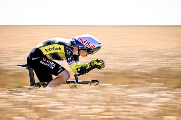 Belgian Wout van Aert of Team Visma-Lease a Bike pictured in action during stage five of the 2025 Tour de France cycling, a 33km time trial in Caen, France on Wednesday 09 July 2025. The 112th edition of the Tour de France starts on Saturday 5 July in Lille, France, and will finish in Paris, France on the 27th of July. JASPERxJACOBS  x128767237x