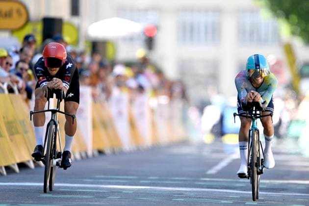 Tour de France 2025 Stage 5 CAEN, FRANCE - JULY 09 : Trentin Matteo (ITA) of Tudor Pro Cycling Team, Velasco Simone (ITA) of XDS Astana Team during stage 5 of the 112th edition of Tour de France an UCI World Tour 2.UWT Individual Time Trial stage for Men Elite of 33 km with start in Caen and finish in Caen on July 9, 2025 in Caen, France, 09 07 2025 ( Motordriver Kenny Verfaillie - Caen France  Copyright: xJanxDexMeuleneirx