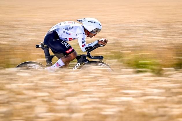 Ecuadorian Jhonatan Narvaez of UAE Team Emirates pictured in action during stage five of the 2025 Tour de France cycling, a 33km time trial in Caen, France on Wednesday 09 July 2025. The 112th edition of the Tour de France starts on Saturday 5 July in Lille, France, and will finish in Paris, France on the 27th of July. JASPERxJACOBS  x128767875x