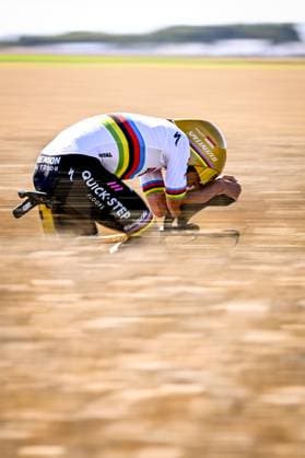 Belgian Remco Evenepoel of Soudal Quick-Step pictured in action during stage five of the 2025 Tour de France cycling, a 33km time trial in Caen, France on Wednesday 09 July 2025. The 112th edition of the Tour de France starts on Saturday 5 July in Lille, France, and will finish in Paris, France on the 27th of July. JASPERxJACOBS  x128769340x