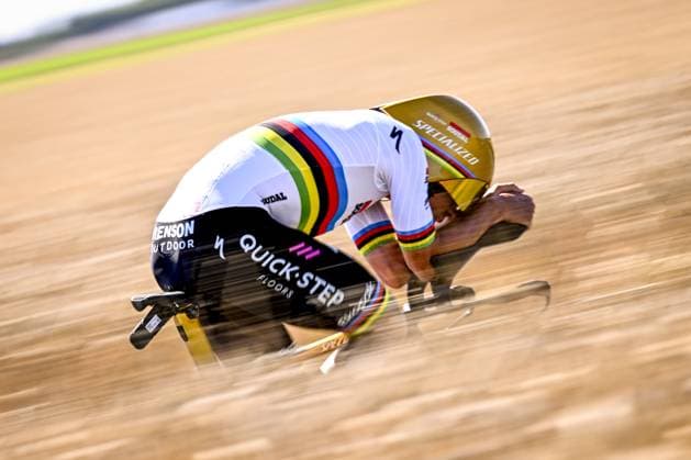 Belgian Remco Evenepoel of Soudal Quick-Step pictured in action during stage five of the 2025 Tour de France cycling, a 33km time trial in Caen, France on Wednesday 09 July 2025. The 112th edition of the Tour de France starts on Saturday 5 July in Lille, France, and will finish in Paris, France on the 27th of July. JASPERxJACOBS  x128769345x