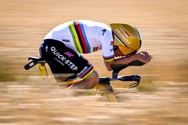 Belgian Remco Evenepoel of Soudal Quick-Step pictured in action during stage five of the 2025 Tour de France cycling, a 33km time trial in Caen, France on Wednesday 09 July 2025. The 112th edition of the Tour de France starts on Saturday 5 July in Lille, France, and will finish in Paris, France on the 27th of July. JASPERxJACOBS  x128770204x