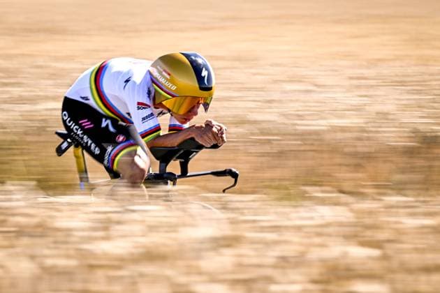 Belgian Remco Evenepoel of Soudal Quick-Step pictured in action during stage five of the 2025 Tour de France cycling, a 33km time trial in Caen, France on Wednesday 09 July 2025. The 112th edition of the Tour de France starts on Saturday 5 July in Lille, France, and will finish in Paris, France on the 27th of July. JASPERxJACOBS  x128770206x