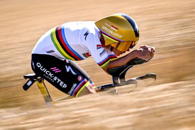 Belgian Remco Evenepoel of Soudal Quick-Step pictured in action during stage five of the 2025 Tour de France cycling, a 33km time trial in Caen, France on Wednesday 09 July 2025. The 112th edition of the Tour de France starts on Saturday 5 July in Lille, France, and will finish in Paris, France on the 27th of July. JASPERxJACOBS  x128770262x