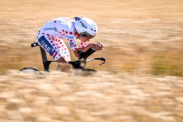 Slovenian Tadej Pogacar of UAE Team Emirates pictured in action during stage five of the 2025 Tour de France cycling, a 33km time trial in Caen, France on Wednesday 09 July 2025. The 112th edition of the Tour de France starts on Saturday 5 July in Lille, France, and will finish in Paris, France on the 27th of July. JASPERxJACOBS  x128770484x