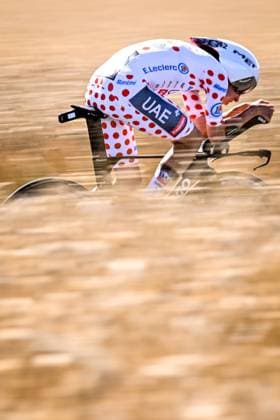 Slovenian Tadej Pogacar of UAE Team Emirates pictured in action during stage five of the 2025 Tour de France cycling, a 33km time trial in Caen, France on Wednesday 09 July 2025. The 112th edition of the Tour de France starts on Saturday 5 July in Lille, France, and will finish in Paris, France on the 27th of July. JASPERxJACOBS  x128771126x