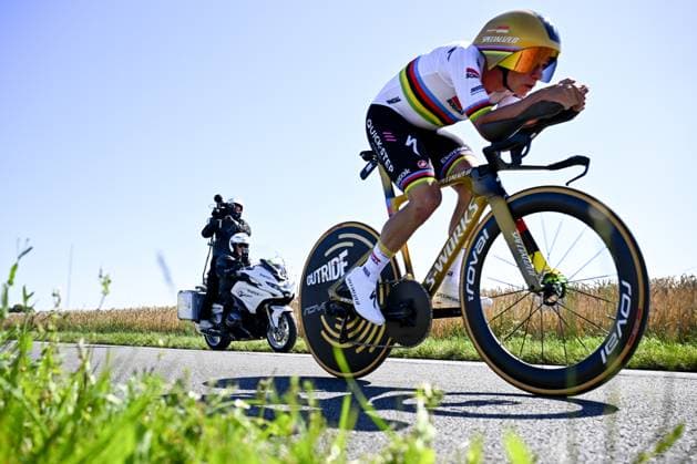 Belgian Remco Evenepoel of Soudal Quick-Step pictured in action during stage five of the 2025 Tour de France cycling, a 33km time trial in Caen, France on Wednesday 09 July 2025. The 112th edition of the Tour de France starts on Saturday 5 July in Lille, France, and will finish in Paris, France on the 27th of July. JASPERxJACOBS  x128771613x