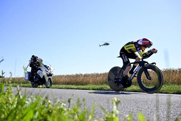 Danish Jonas Vingegaard Hansen of Team Visma-Lease a Bike pictured in action during stage five of the 2025 Tour de France cycling, a 33km time trial in Caen, France on Wednesday 09 July 2025. The 112th edition of the Tour de France starts on Saturday 5 July in Lille, France, and will finish in Paris, France on the 27th of July. JASPERxJACOBS  x128771656x