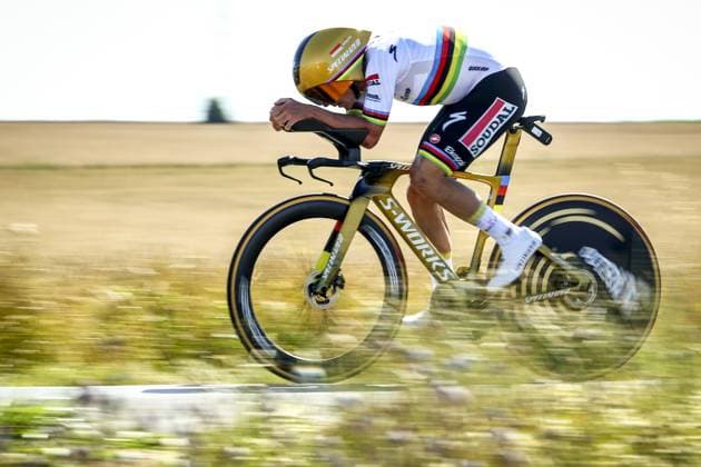 Belgian Remco Evenepoel of Soudal Quick-Step pictured in action during stage five of the 2025 Tour de France cycling, a 33km time trial in Caen, France on Wednesday 09 July 2025. The 112th edition of the Tour de France starts on Saturday 5 July in Lille, France, and will finish in Paris, France on the 27th of July. DAVIDxPINTENS  x128771719x