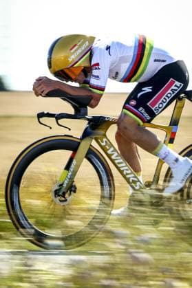 Belgian Remco Evenepoel of Soudal Quick-Step pictured in action during stage five of the 2025 Tour de France cycling, a 33km time trial in Caen, France on Wednesday 09 July 2025. The 112th edition of the Tour de France starts on Saturday 5 July in Lille, France, and will finish in Paris, France on the 27th of July. DAVIDxPINTENS  x128771727x