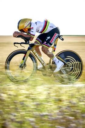 Belgian Remco Evenepoel of Soudal Quick-Step pictured in action during stage five of the 2025 Tour de France cycling, a 33km time trial in Caen, France on Wednesday 09 July 2025. The 112th edition of the Tour de France starts on Saturday 5 July in Lille, France, and will finish in Paris, France on the 27th of July. DAVIDxPINTENS  x128772124x