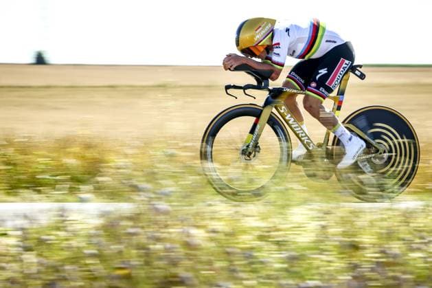 Belgian Remco Evenepoel of Soudal Quick-Step pictured in action during stage five of the 2025 Tour de France cycling, a 33km time trial in Caen, France on Wednesday 09 July 2025. The 112th edition of the Tour de France starts on Saturday 5 July in Lille, France, and will finish in Paris, France on the 27th of July. DAVIDxPINTENS  x128772125x