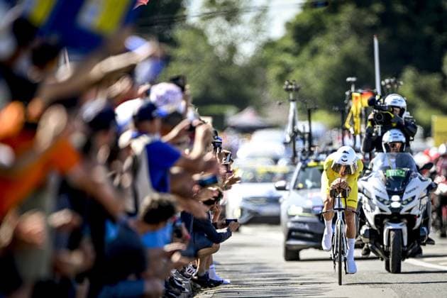 Dutch Mathieu van der Poel of Alpecin-Deceuninck pictured in action during stage five of the 2025 Tour de France cycling, a 33km time trial in Caen, France on Wednesday 09 July 2025. The 112th edition of the Tour de France starts on Saturday 5 July in Lille, France, and will finish in Paris, France on the 27th of July. JASPERxJACOBS  x128772169x