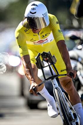 Dutch Mathieu van der Poel of Alpecin-Deceuninck pictured in action during stage five of the 2025 Tour de France cycling, a 33km time trial in Caen, France on Wednesday 09 July 2025. The 112th edition of the Tour de France starts on Saturday 5 July in Lille, France, and will finish in Paris, France on the 27th of July. JASPERxJACOBS  x128772259x