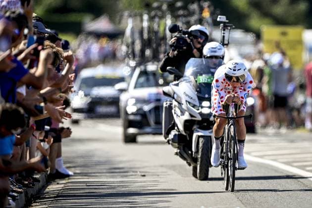Slovenian Tadej Pogacar of UAE Team Emirates pictured in action during stage five of the 2025 Tour de France cycling, a 33km time trial in Caen, France on Wednesday 09 July 2025. The 112th edition of the Tour de France starts on Saturday 5 July in Lille, France, and will finish in Paris, France on the 27th of July. JASPERxJACOBS  x128772339x