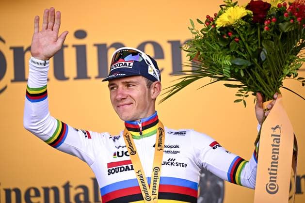 Belgian Remco Evenepoel of Soudal Quick-Step celebrates after winning stage five of the 2025 Tour de France cycling, a 33km time trial in Caen, France on Wednesday 09 July 2025. The 112th edition of the Tour de France starts on Saturday 5 July in Lille, France, and will finish in Paris, France on the 27th of July. JASPERxJACOBS  x128773174x