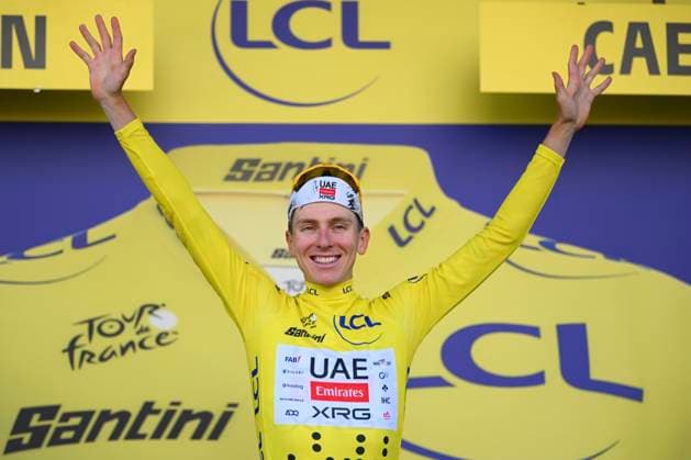 Tour de France 2025 Stage 5 CAEN, FRANCE - JULY 09 : Pogacar Tadej (SLO) of UAE Team Emirates pictured with the yellow jersey during the podium ceremony of stage 5 of the 112th edition of Tour de France an UCI World Tour 2.UWT Individual Time Trial stage for Men Elite of 33 km with start in Caen and finish in Caen on July 9, 2025 in Caen, France, 09 07 2025 ( Motordriver Kenny Verfaillie - Caen France  Copyright: xVincentxKalutx