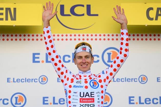 Tour de France 2025 Stage 5 CAEN, FRANCE - JULY 09 : Pogacar Tadej (SLO) of UAE Team Emirates pictured with the polka dot jersey during the podium ceremony of stage 5 of the 112th edition of Tour de France an UCI World Tour 2.UWT Individual Time Trial stage for Men Elite of 33 km with start in Caen and finish in Caen on July 9, 2025 in Caen, France, 09 07 2025 ( Motordriver Kenny Verfaillie - Caen France  Copyright: xVincentxKalutx