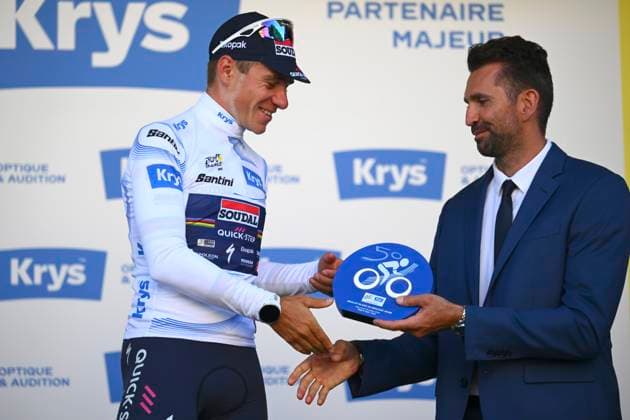 Tour de France 2025 Stage 5 CAEN, FRANCE - JULY 09 : Evenepoel Remco (BEL) of Soudal Quick-Step pictured with the white jersey during the podium ceremony of stage 5 of the 112th edition of Tour de France an UCI World Tour 2.UWT Individual Time Trial stage for Men Elite of 33 km with start in Caen and finish in Caen on July 9, 2025 in Caen, France, 09 07 2025 ( Motordriver Kenny Verfaillie - Caen France  Copyright: xVincentxKalutx