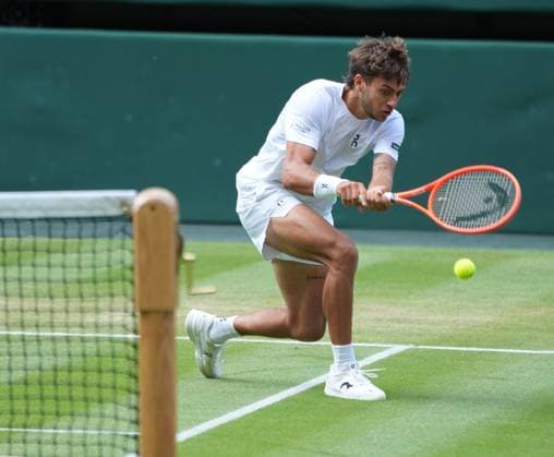 Tennis - 2025 Wimbledon Championships - Men™s singles- Quarter Final - Flavio Cobolli v Novak Djokovic All England Lawn Tennis & Croquet Club - Wednesday 9th July 2025 Flavio Cobolli of Italy 