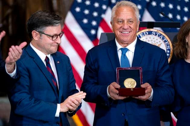 American cyclist Greg Lemond receives the Congressional Medal of Honor during a ceremony in Statuary Hall at the U.S. Capitol in Washington, DC on Wednesday, July 9, 2025. Lemond, the first American to win the Tour de France, was awarded the medal in 2020 but the ceremony was delayed due to the COVID-19 pandemic.  WAP20250709303 BONNIExCASH