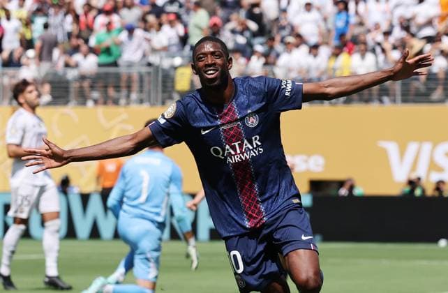 New Jersey, USA, 9th July 2025. Dembele Ousmane of Paris Saint-Germain celebrates scoring their second goal during the Paris Saint Germain vs Real Madrid FIFA Club World Cup Semi Final match at Metlife Stadium, New Jersey. Picture credit should read: David Klein Sportimage EDITORIAL USE ONLY. No use with unauthorised audio, video, data, fixture lists, club league logos or live services. Online in-match use limited to 120 images, no video emulation. No use in betting, games or single club league player publications. SPI_029_DK_PSG_Real_Madrid SPI-4011-0029