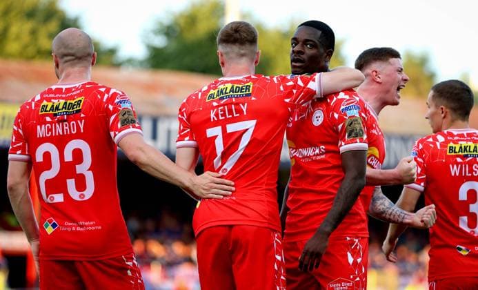 UEFA Champions League First Qualifying Round First Leg, Tolka Park, Dublin 9 7 2025 Shelbourne vs Linfield Shels™ Mipo Odubeko celebrates scoring the first goal of the game with Daniel Kelly Mipo Odubeko celebrates scoring the first goal with Daniel Kelly 9 7 2025  Copyright: x INPHO RyanxByrnex RB2_7432