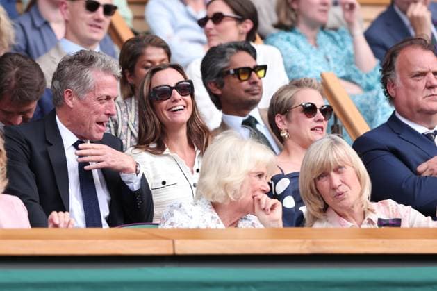 Wimbledon Feature,Hugh Grant and Anna Eberstein, Queen Camilla and Deborah Jevans (AELTC Chair) in the Royal Box Copyright: xJuergenxHasenkopfx