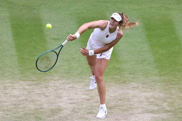 Mirra Andreeva, RUS, during quarterfinal of 2025 All England Lawn Tennis Championships at Wimbledon, womens singles, London, 09 07 2025; -