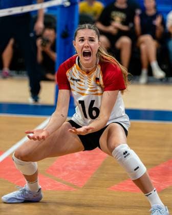 (250710) -- ARLINGTON, July 10, 2025 -- Anastasia Cekulaev of Germany celebrates scoring during the Pool 8 match between Germany and Canada at the Women s Volleyball Nations League (VNL) 2025 in Arlington, the United States, July 9, 2025. (Photo by Xinhua) (SP)U.S.-ARLINGTON-VOLLEYBALL-NATIONS LEAGUE-WOMEN-GERMANY VS CANADA ChenxChen 