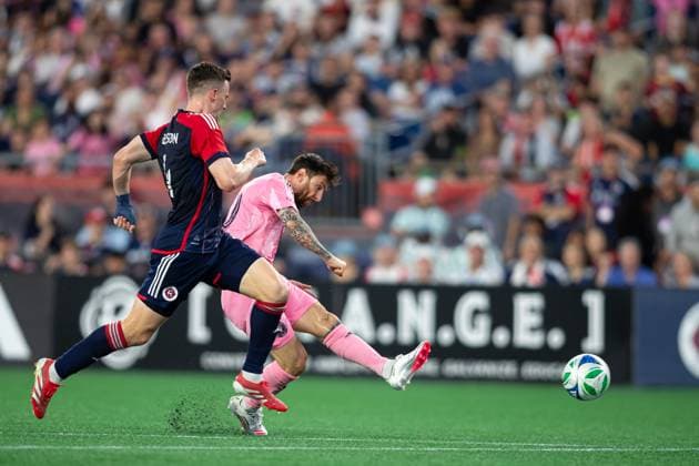 July 9, 2025; Foxborough, Massachusetts, USA; Inter Miami CF forward Lionel Messi (10) scores a goal past New England Revolution defender Tanner Beason (4) in a Major League Soccer game between the New England Revolution and Inter Miami CF at Gillette Stadium. (c) CSM - ZUMAc04_ 20250709_zma_c04_163 Copyright: xBurtxGranofskyx