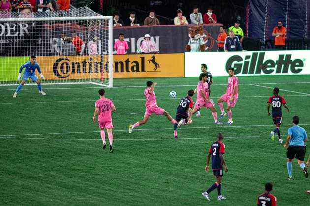 July 9, 2025; Foxborough, Massachusetts, USA; New England Revolution midfielder Carles Gil (10) scores a goal in a Major League Soccer game between the New England Revolution and Inter Miami CF at Gillette Stadium. (c) CSM - ZUMAc04_ 20250709_zma_c04_205 Copyright: xBurtxGranofskyx