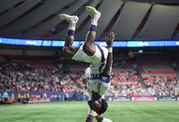 July 9, 2025, Vancouver, Bc, CANADA: Vancouver Whitecaps Emmanuel Sabbi does a backflip as he celebrates his goal against Valour FC during second half Canadian Championship quarterfinal soccer action, in Vancouver, B.C., Wednesday, July 9, 2025. Canada News - July 9, 2025 - ZUMAc35_ 20250709_zaf_c35_057 Copyright: xDarrylxDyckx