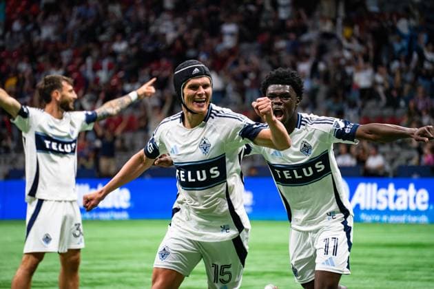 Vancouver, British Columbia, Canada, July 9th 2025: Bjorn Inge Utvik (15 Vancouver Whitecaps FC) celebrates after scoring a goal with Emmanuel Sabbi (11 Vancouver Whitecaps FC) during the Canadian Championsihp quarterfinal match between Vancouver Whitecaps FC and Valour FC at BC Place Stadium in Vancouver, British Columbia, Canada (EDITORIAL USAGE ONLY). (Amy Elle SPP) Copyright: xAmyxElle SPPx spp-en-AmEl-DSC04643