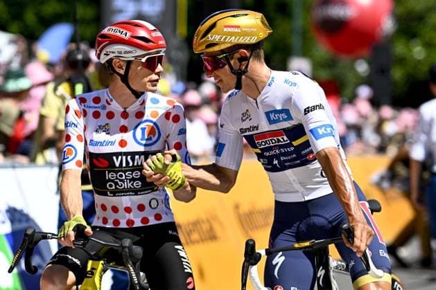 Danish Jonas Vingegaard Hansen of Team Visma-Lease a Bike and Belgian Remco Evenepoel of Soudal Quick-Step pictured at the start of stage six of the 2025 Tour de France cycling, from Bayeux to Vire Normandie (201 km), on Thursday 10 July 2025 in France. The 112th edition of the Tour de France starts on Saturday 5 July in Lille, France, and will finish in Paris, France on the 27th of July. JASPERxJACOBS  x128830686x