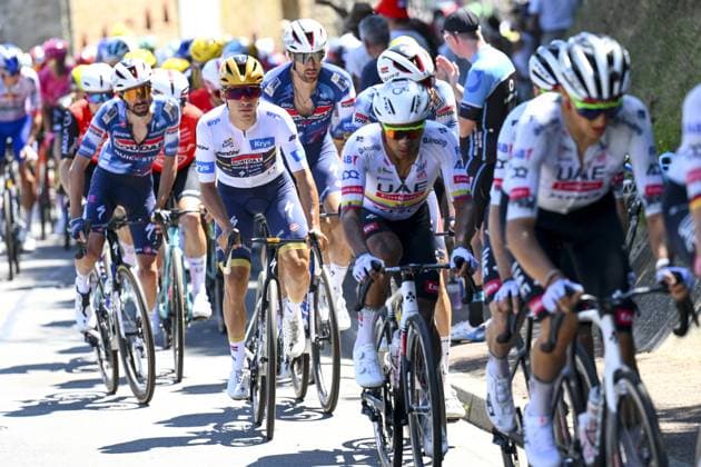 Belgian Remco Evenepoel of Soudal Quick-Step and Dutch Pascal Eenkhoorn of Soudal Quick-Step pictured in action during stage six of the 2025 Tour de France cycling, from Bayeux to Vire Normandie (201 km), on Thursday 10 July 2025 in France. The 112th edition of the Tour de France starts on Saturday 5 July in Lille, France, and will finish in Paris, France on the 27th of July. POOLxVINCENTxKALUT  x128838061x