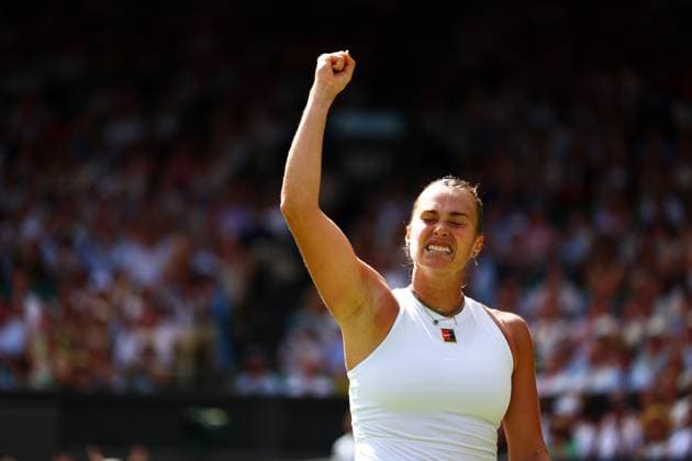 Aryna Sabalenka celebrates during her semi final match Wimbledon Tennis Championships, Day 11, The All England Lawn Tennis and Croquet Club, London, UK - 10 Jul 2025London The All England Lawn Tennis and United Kingdom  Copyright: xJamesxMarsh Shutterstockx 15390590cv