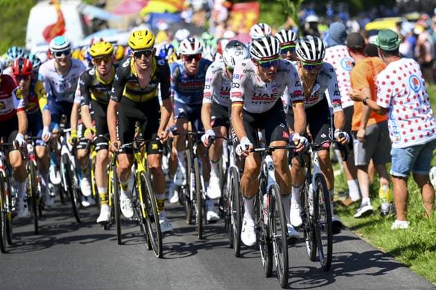 The pack of riders pictured in action during stage six of the 2025 Tour de France cycling, from Bayeux to Vire Normandie (201 km), on Thursday 10 July 2025 in France. The 112th edition of the Tour de France starts on Saturday 5 July in Lille, France, and will finish in Paris, France on the 27th of July. POOLxVINCENTxKALUT  x128844093x