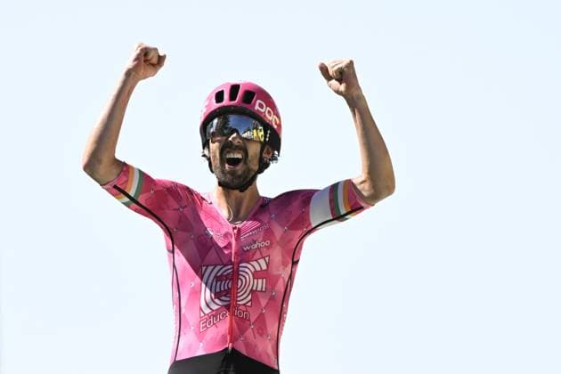 Irish Ben Healy of EF Education-EasyPost celebrates after winning stage six of the 2025 Tour de France cycling, from Bayeux to Vire Normandie (201 km), on Thursday 10 July 2025 in France. The 112th edition of the Tour de France starts on Saturday 5 July in Lille, France, and will finish in Paris, France on the 27th of July. JASPERxJACOBS  x128848145x