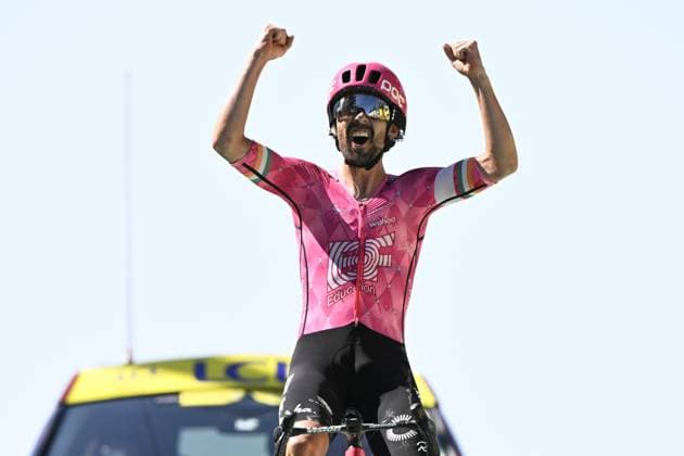 Irish Ben Healy of EF Education-EasyPost celebrates after winning stage six of the 2025 Tour de France cycling, from Bayeux to Vire Normandie (201 km), on Thursday 10 July 2025 in France. The 112th edition of the Tour de France starts on Saturday 5 July in Lille, France, and will finish in Paris, France on the 27th of July. JASPERxJACOBS  x128848202x