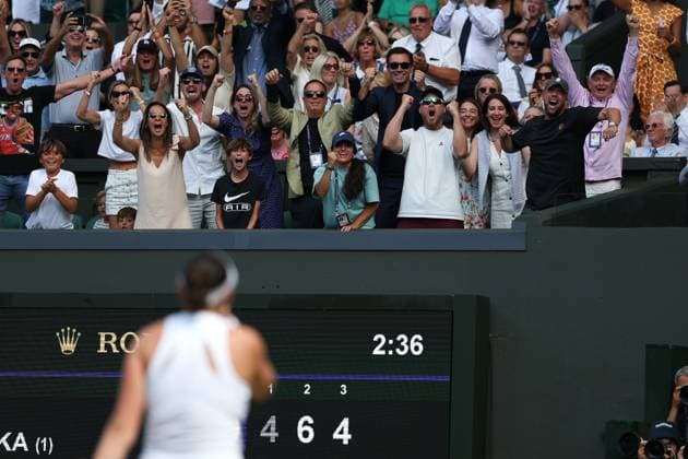 9th July 2025; All England Lawn Tennis and Croquet Club, London, England; Wimbledon Tennis Tournament, Day 10; Amanda Anisimova (USA) celebrates towards her family after defeating Aryna Sabalenka (BLR) 6-4 4-6 6-4 to book her place in her First Ladies Singles Final  ActionPlus12812115 JohnxPatrickxFletcher