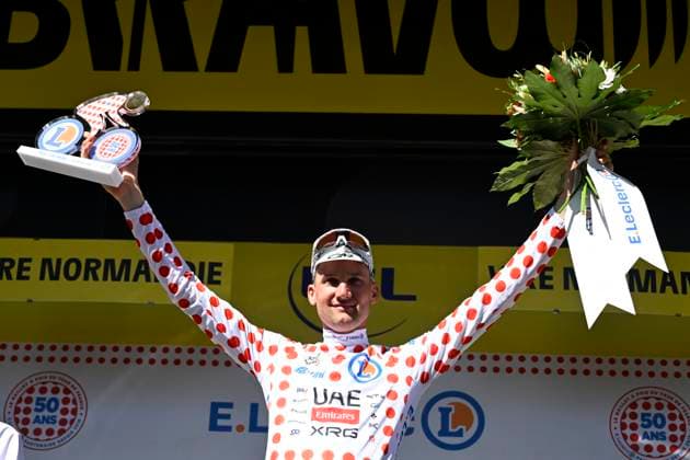 Tour de France 2025 Stage 6 VIRE NORMANDIE, FRANCE - JULY 10 : Wellens Tim (BEL) of UAE Team Emirates pictured with the polka dot jersey during the podium ceremony of stage 6 of the 112th edition of Tour de France an UCI World Tour 2.UWT cycling road race stage for Men Elite of 201 km with start in Bayeux and finish in Vire Normandie on July 10, 2025 in Vire Normandie, France, 10 07 2025 ( Motordriver Kenny Verfaillie - Vire Normandie France  Copyright: xJanxDexMeuleneirx