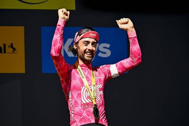 Irish Ben Healy of EF Education-EasyPost celebrates on the podium after winning stage six of the 2025 Tour de France cycling, from Bayeux to Vire Normandie (201 km), on Thursday 10 July 2025 in France. The 112th edition of the Tour de France starts on Saturday 5 July in Lille, France, and will finish in Paris, France on the 27th of July. JASPERxJACOBS  x128852599x