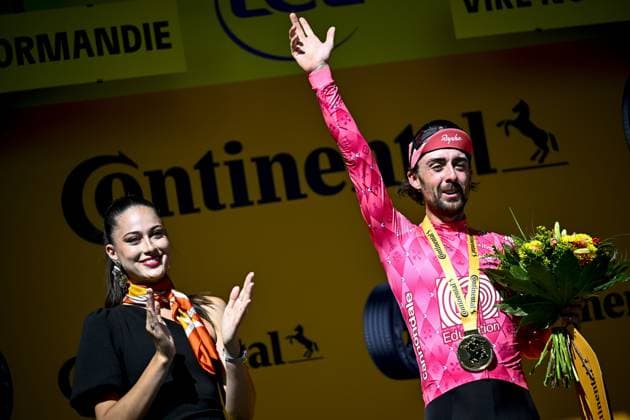 Irish Ben Healy of EF Education-EasyPost celebrates on the podium after winning stage six of the 2025 Tour de France cycling, from Bayeux to Vire Normandie (201 km), on Thursday 10 July 2025 in France. The 112th edition of the Tour de France starts on Saturday 5 July in Lille, France, and will finish in Paris, France on the 27th of July. JASPERxJACOBS  x128853613x